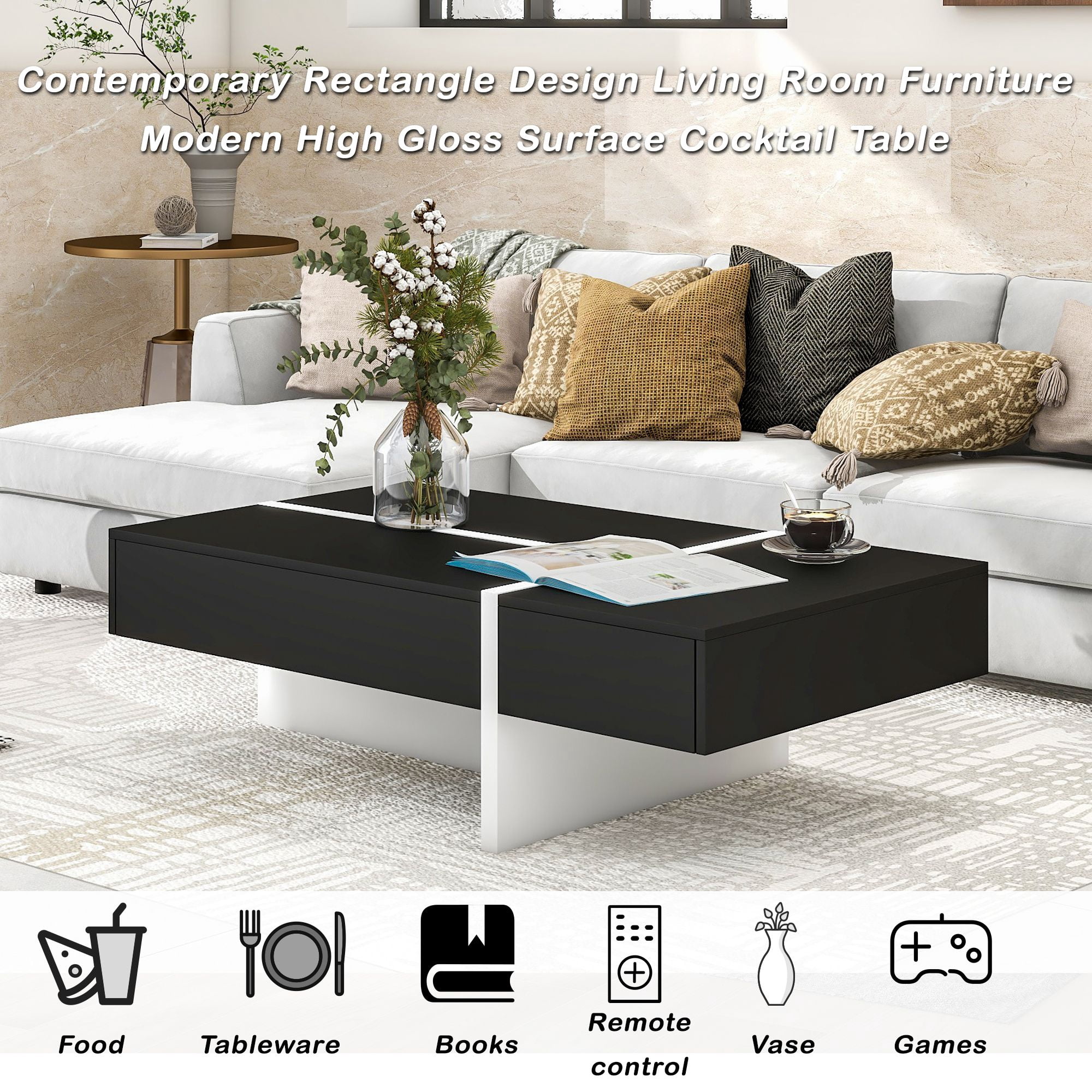 Aukfa Rectangle Coffee Table with Storage Compartment - Living Room Furniture - Black