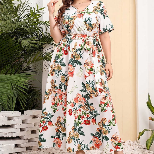 SMihono Robe Maxi Bohème d'Été pour Femmes Grande Taille Robe d'Été pour Femmes à Imprimé Robe Grande Taille à Col en V à Manches Courtes à Taille Élastique Robe de Plage Robe Soleil Robe Midi Fluide à Volants Robe Évasée de Plage