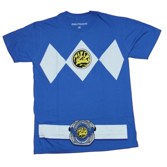 Mighty Morphin Power Rangers Mens T-Shirt - Blue Ranger with Belt Buckle (Small)