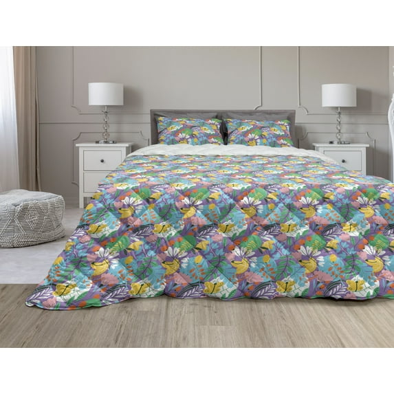 Woodland Comforter & Sham Bedding Set, Doodle Flora Lily Ladybug Butterfly Jungle Leaves Plants Theme, 3 pcs Duvet Set Microfiber Filling Quilt, 5 Sizes, Multicolour, by Ambesonne