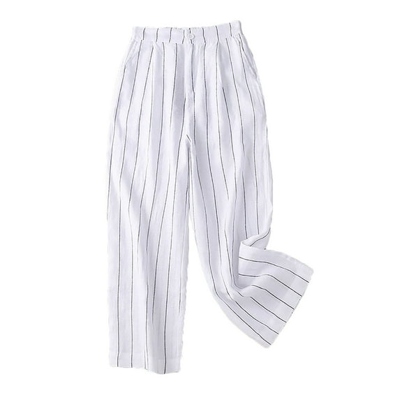 Lindreshi Wide Leg Pants for Women Women's Cotton Linen High Waist Wide Leg Pants Vertical Stripe Loose Straight Cropped Pants