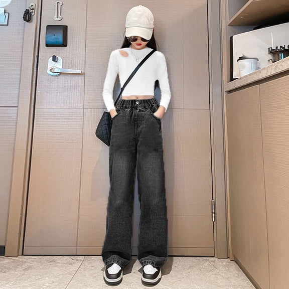 ZHOGXU Classic Back Frayed Hem Pocket Wide Leg Denim Kids Pants For Girls Outdoor Activities