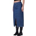 thumbnail image 4 of INSPIRE CHIC Women's Denim Front Slit Raw Hem High Waisted Stretch Midi Jean Skirts L Dark Blue, 4 of 6