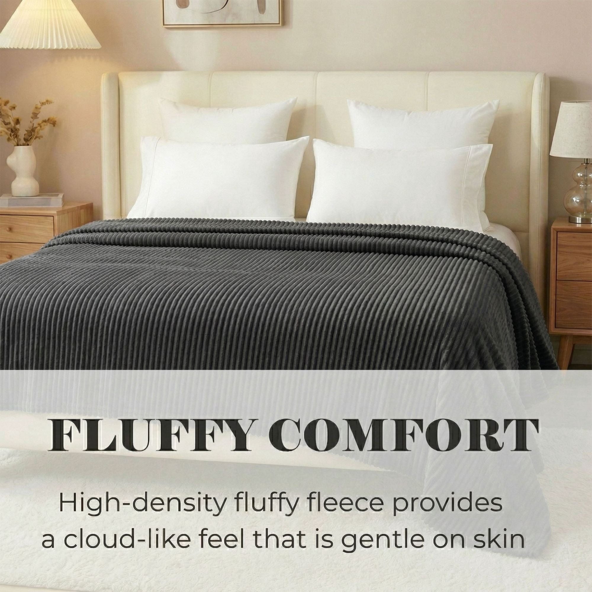 Superior Kacey Ribbed Fluffy Fleece Blanket, Full Queen Size, Charcoal