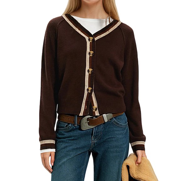 Women'S Cropped Cardigan Sweaters Fall Long Sleeve Button Down Color Block Knit Outwear Coats Brown XL