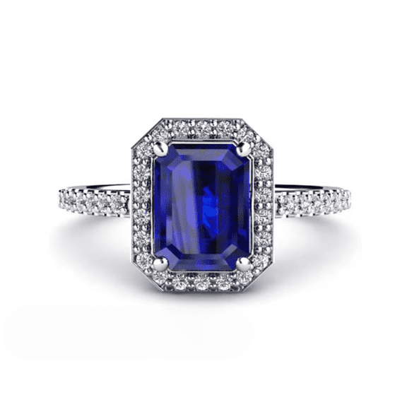 Emerlad Cut Blue Sapphire Halo Engagement Ring in 925 Sterling Silver - September birthstone - Gift For Wife