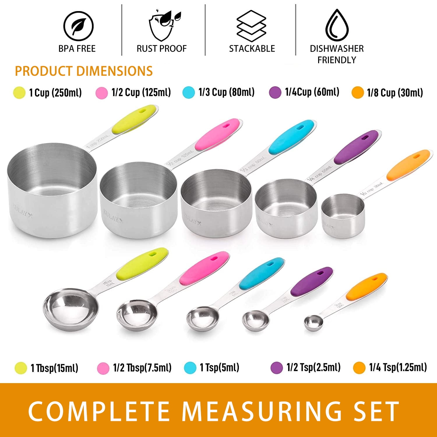 thinkstar Measuring Cups And Spoons Set, 18/8 Measuring Cup Set, Stainless Steel  Measuring Cups And Spoons, Metal Measuring Cups, 7 K…