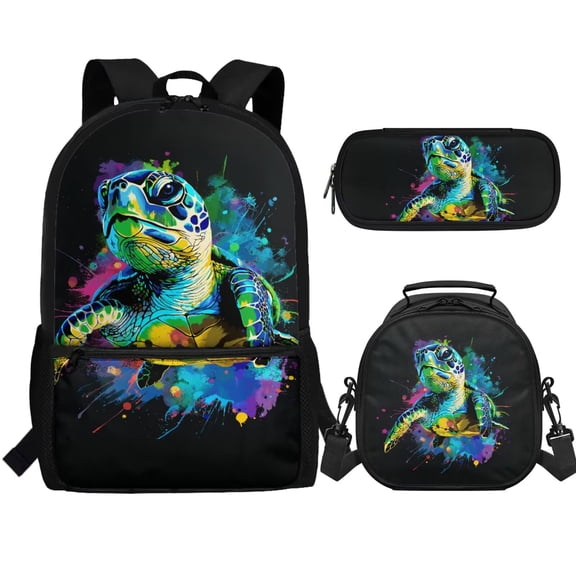 Jeiento Sea Turtle Backpack and Lunch Bag Set for Boys 6-8 Kids School Bookbag with Lunch Box Pencil Case Splash Ink Elementary Primary Students Schoolbag Set, Black, 3 IN 1