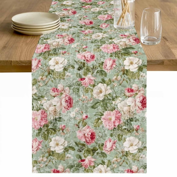 White Pink Flower Table Runner - 36 Inch Long Shabby Chic Spring Vintage Leaf Green Cotton and Linen Blended Dress Scarves Farmhouse Table Runner for Kitchen Dining, Coffee Table, 13" x 36"