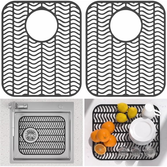Silicone Sink Mats 2 Pack for Kitchen Sink, Rear Drain Sink Protectors, Heat Resistant Non-Slip Grid, 13.6 x 11.6 In, Gray