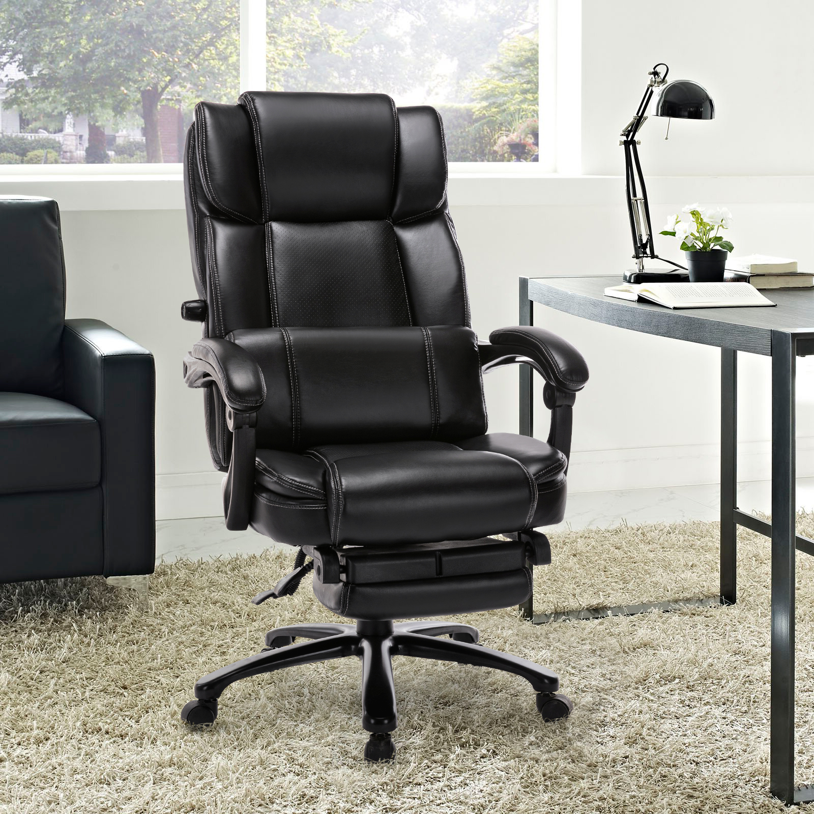 COLAMY Big and Tall PU Leather Executive Reclining Office Chair with Footrest,Black