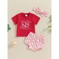 thumbnail image 4 of Aojekbee Baby Girls Summer Outfits Letter Print Short Sleeve T-Shirt and Heart Print Shorts Cute Headband Set 3 Piece Clothes, 4 of 10