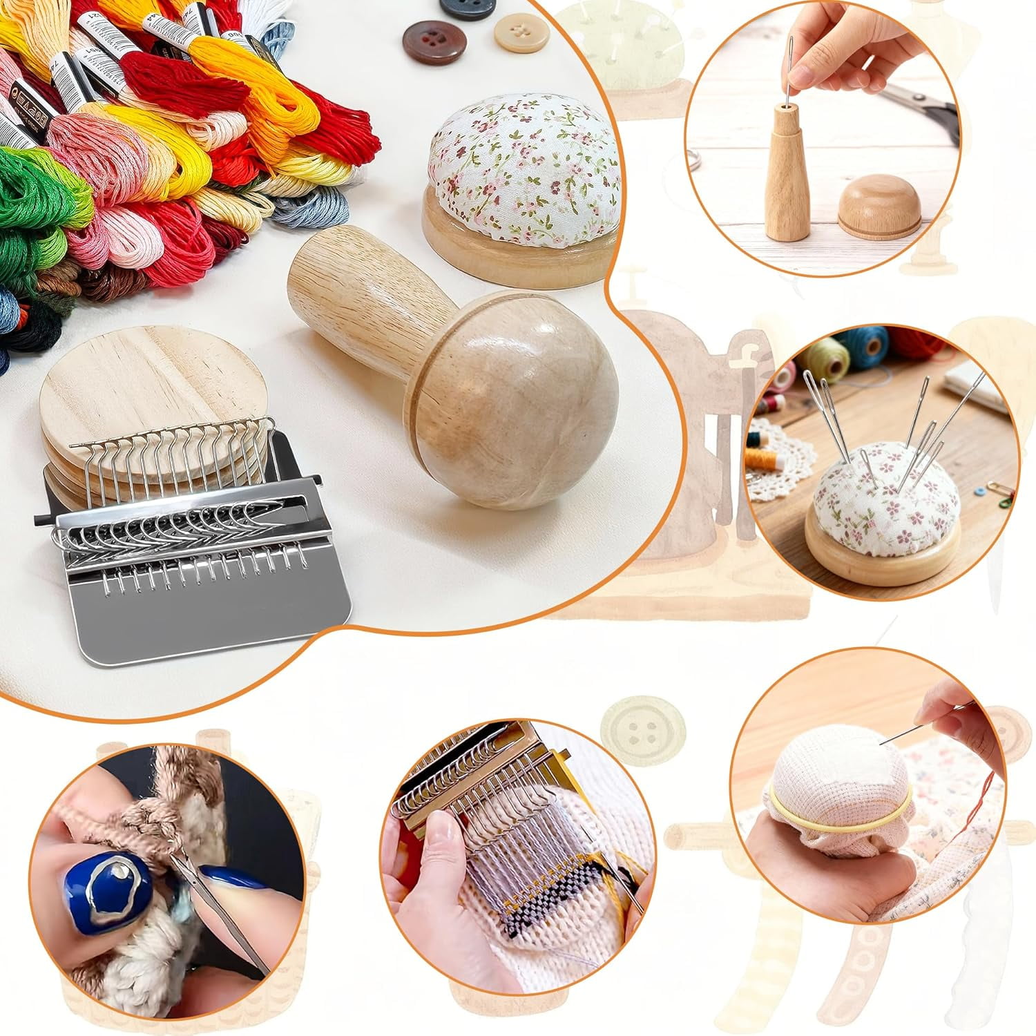 Mini Darning Loom and Knit Repair Kit with 50 Color Threads, Needles, Hooks for Mending Jeans, Socks, DIY Craft