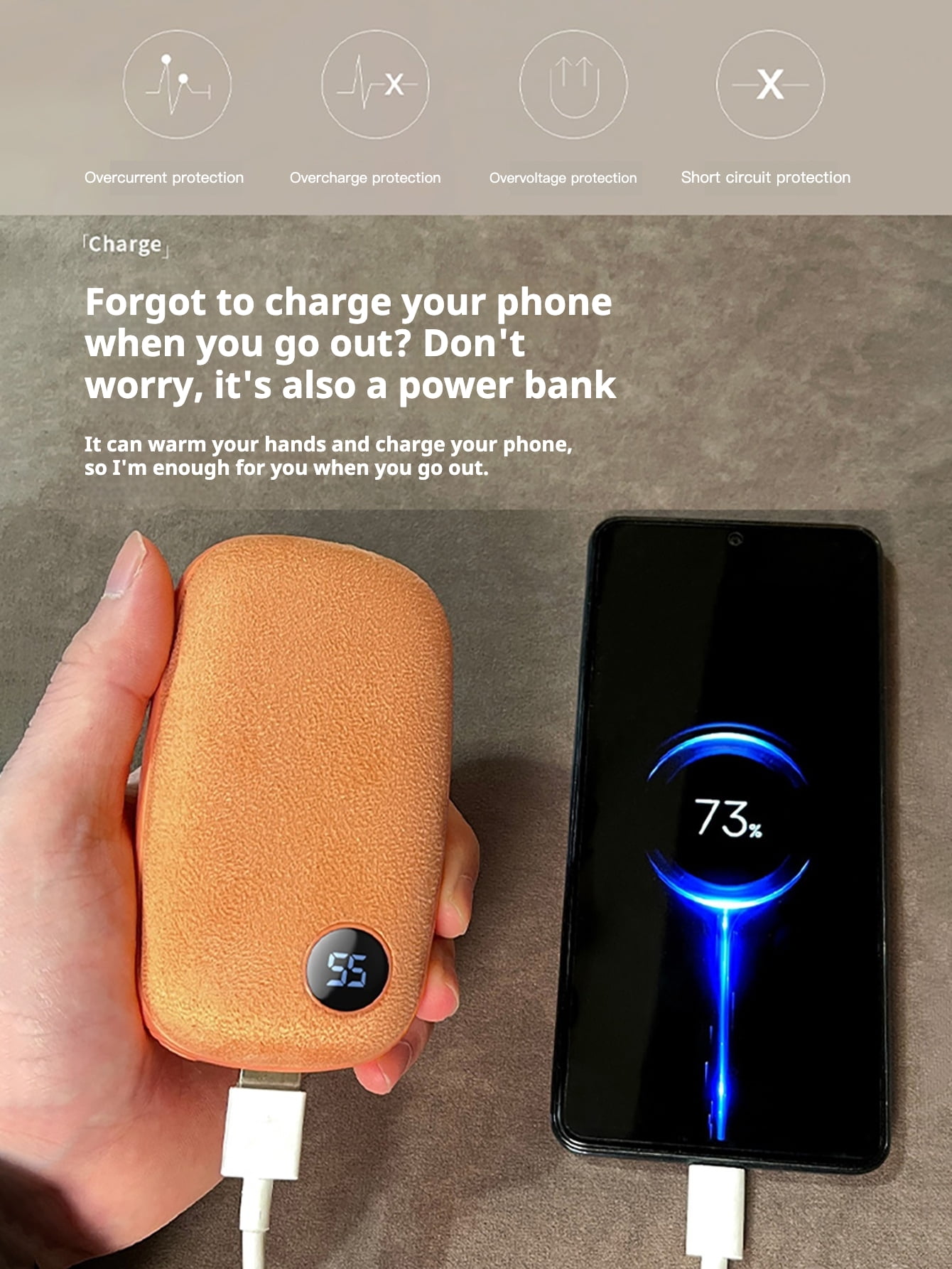 1PC Portable Hand Warmer with LED Display, Fast Heating USB Rechargeable Plush Handwarmer, Long-Lasting Battery, Compact Design for Outdoor Adventures