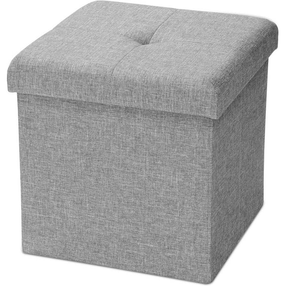 15 Inch Folding Storage Ottoman, Square Foot Rest Stool Bench Seat Poly Linen Organizer Grey