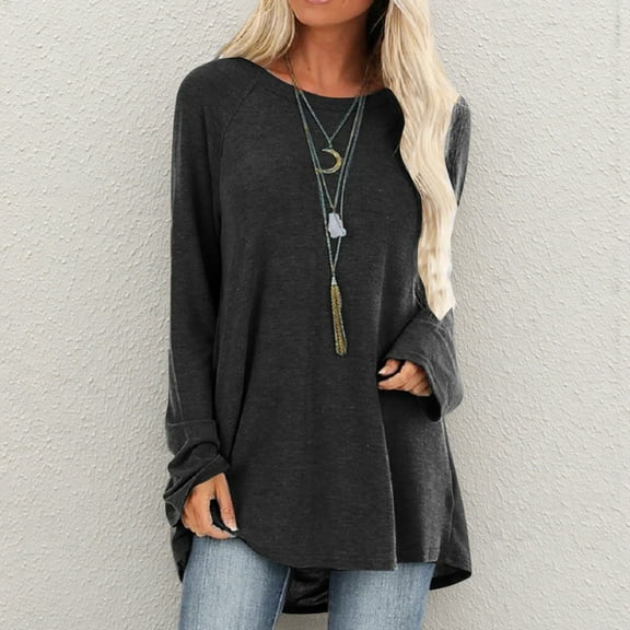 POROPL Tunic Tops to Wear with Leggings,Women Casual O-Neck T-Shirt Loose Long Sleeve Tops Solid Blouse