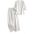 thumbnail image 4 of VISALY Women 2 Piece Linen Set Summer Long Sleeve V Neck Top Wide Leg Lounge Pants Plus Size Matching Summer Gauze Sets Lightweight Casual Peasant Linen Resort Beach Vacation Outfits White 3Xl, 4 of 8