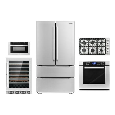 5 Piece Kitchen Package With 36  Gas Cooktop 24  48 Bottle Single Zone Freestanding Wine Refrigerator 30  Single Electric Wall Oven 24  Built-In Microwave Drawer & French Door Refrigerator