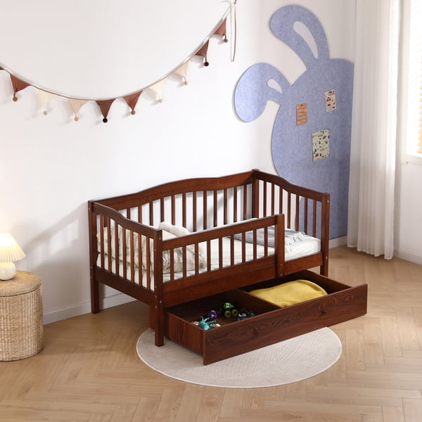 Pine Toddler Bed with Safety Side Rails & Bottom Drawer, Timeless Design for Nursery/Kid's Bedroom