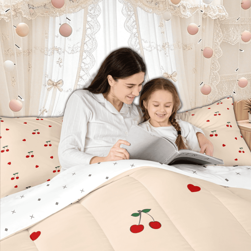 Manfei Kawaii Orange Cartoon Cherry Queen Comforter Set for Kids Girls, Cute Love Heart Bedding Sets, Reversible, 3-Piece
