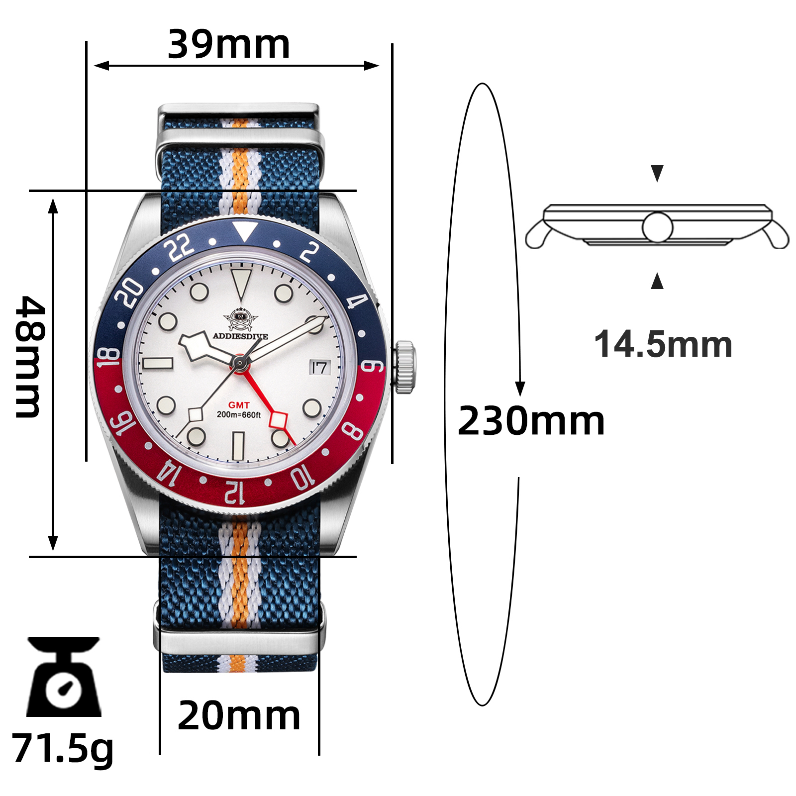 ADDIESDIVE Men's GMT Dive Watch 200M with Swiss Quartz Movement, 316L Stainless Steel Men's Analog Quartz Watches, BGW9 Luminous Unidirectional Bezel Blue Nylon Band