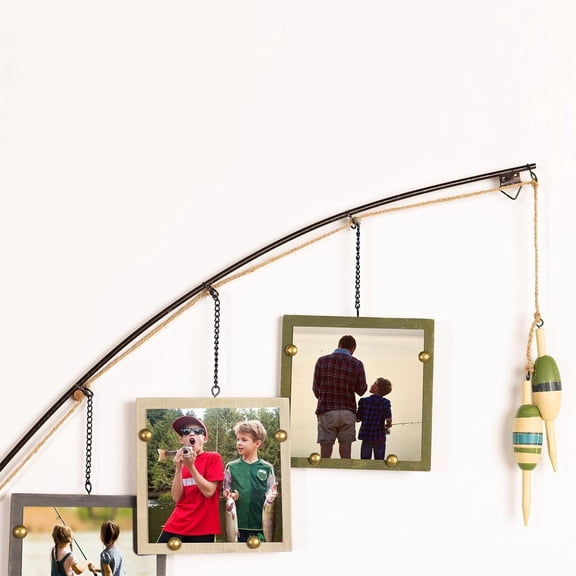 Wood Fishing Pole Triple Photo Frame - Rustic Lake House Wall Fish Decor with Hanging 4x4 Frames,  & Woodland Cabin Accent for Fishermen, Outdoor Enthusiasts, and Family Memories