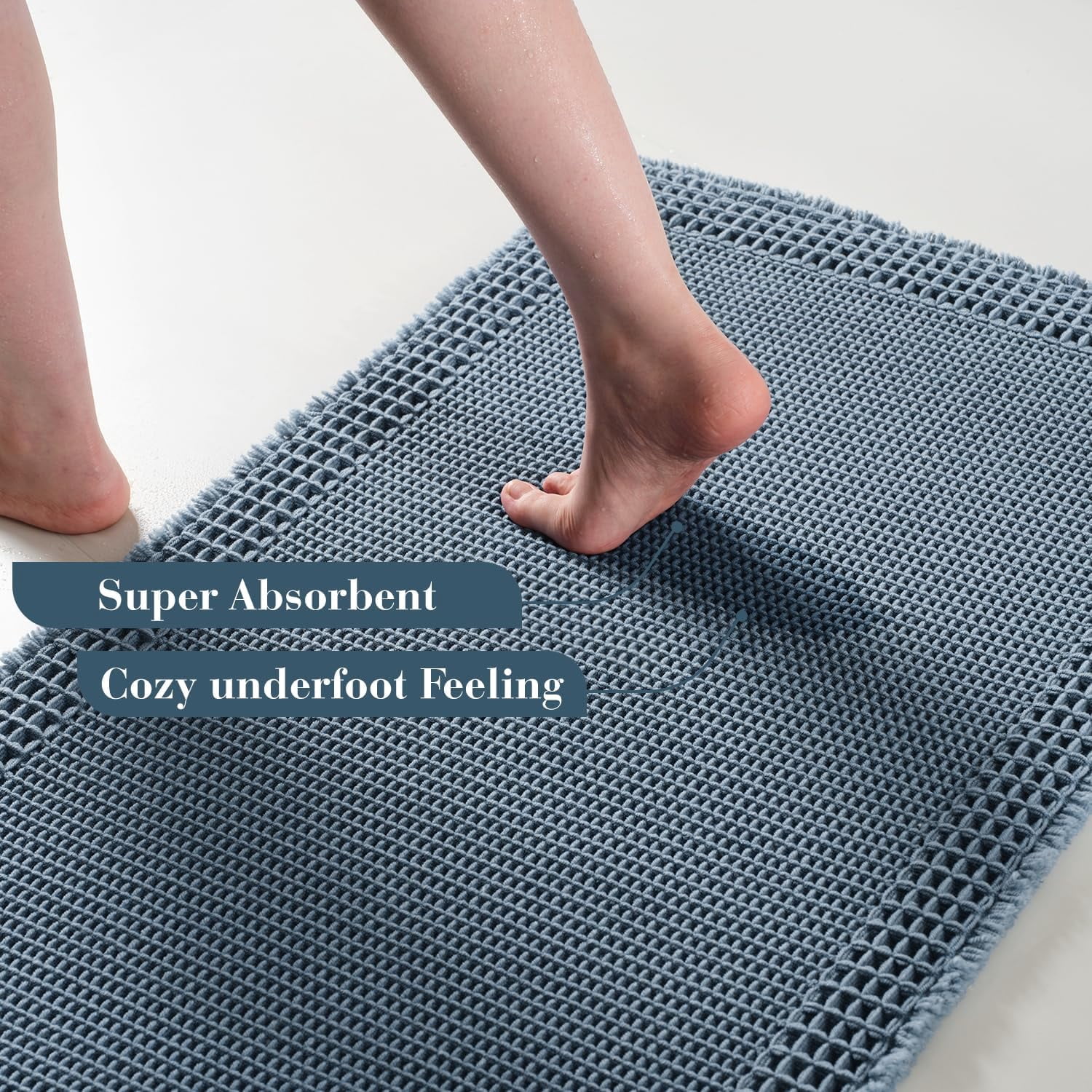 Waffle Bathroom Runner Rugs, Super Absorbent Bath Mat Non Slip Washable Quick Dry, Upgraded Ultra Soft Boho Bath Rugs with Tassels, Farmhouse Home Decor Accessories, 2'x5'(24"x60") Blue