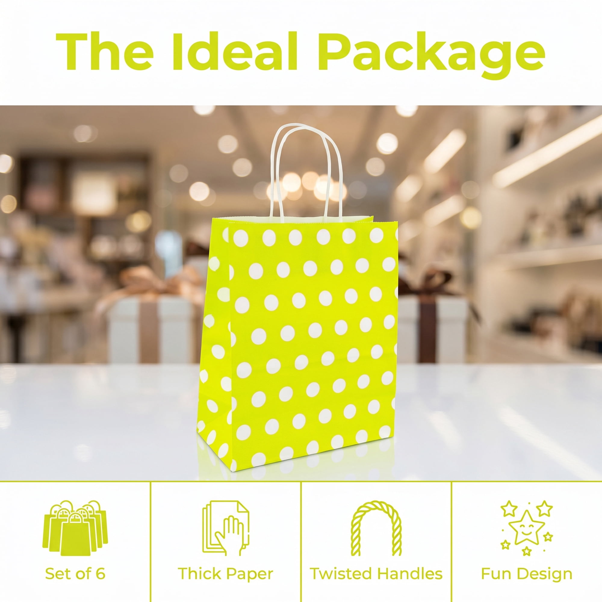 Unique Bargains 6Pcs Polka-dot Paper Gift Bag with Handles Green 8.7" x 4.3" x 10.6"