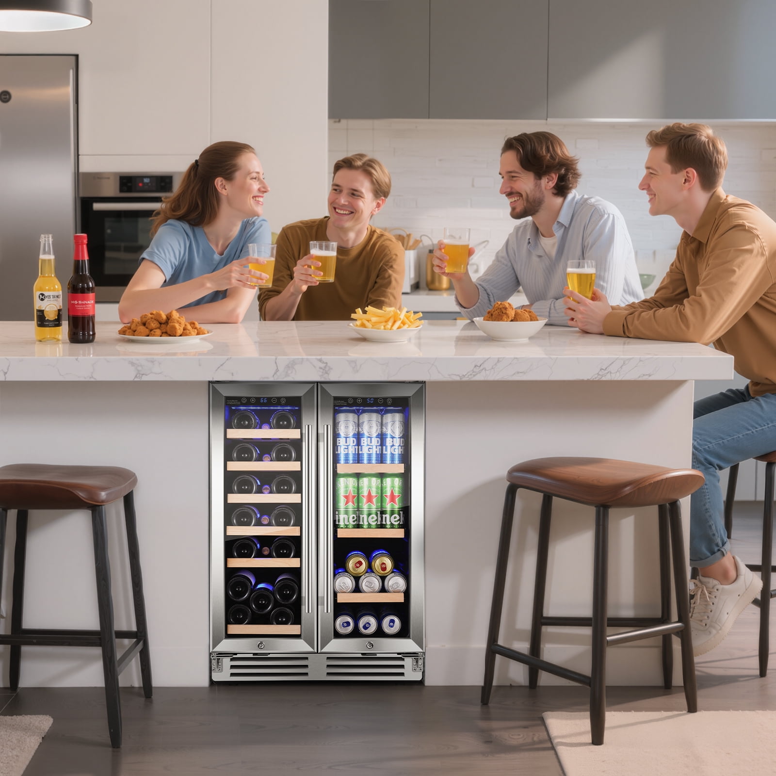BODEGA Stainless Steel 24 inch Dual Zone Wine Refrigerator Upgraded 88 Cans 25 Inch 19 Bottles Built-in and Freestanding Wine Cooler