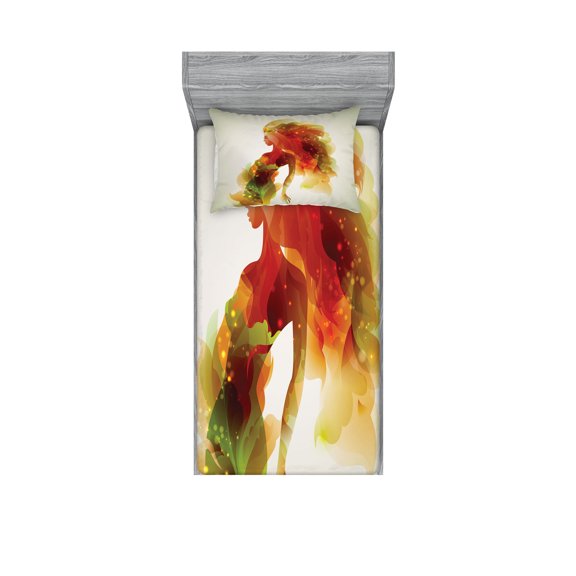Ambesonne Floral Fitted Sheet & Pillow Sham Set, Girl Abstract Lady, Twin, Eggshell Orange