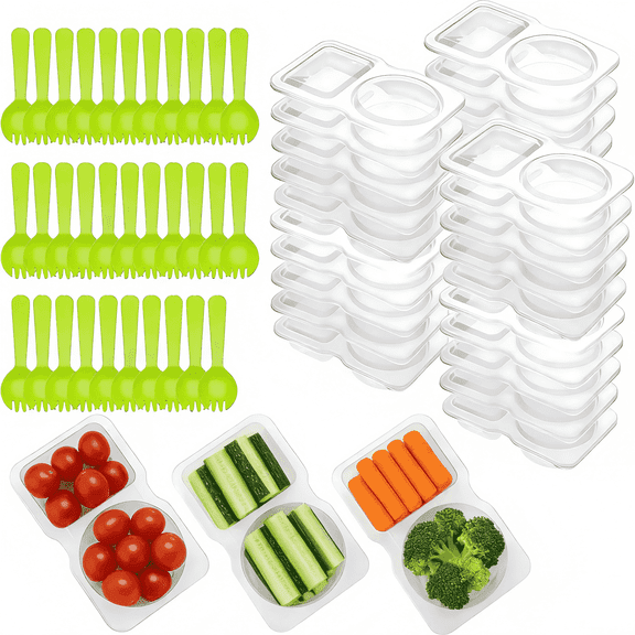 MOJINO Snack Containers with Lids, 20 Set Reusable Snack Pack Containers with Spoons, Double Compartment Condiment Cups with Lids for Lunch, Picnic, Party