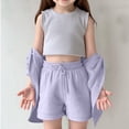 thumbnail image 3 of Krdevn Girls 2 Piece Outfit, Solid Lapel Long Sleeve Pocket Shirt & High Waist Pocket Shorts Casual Kids Set,Light Purple, 3 of 9