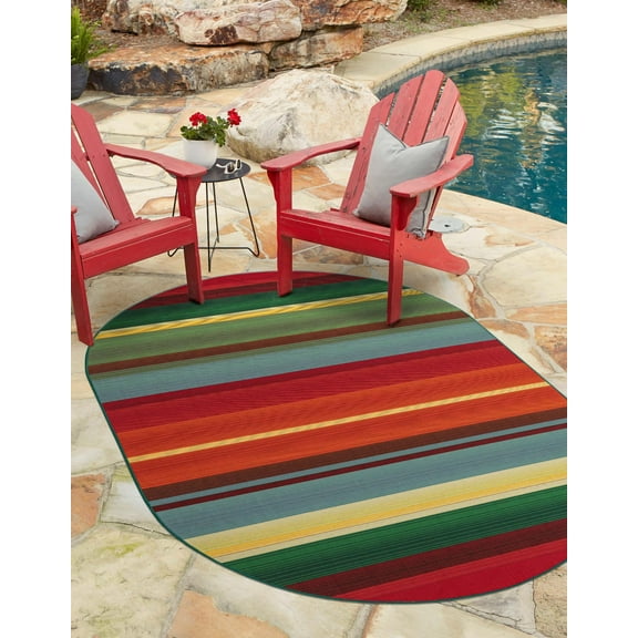 Unique Loom Outdoor Modern Collection Area Rug - Jaco (4' 1" x 6' 1" Oval Multi/Light Blue)
