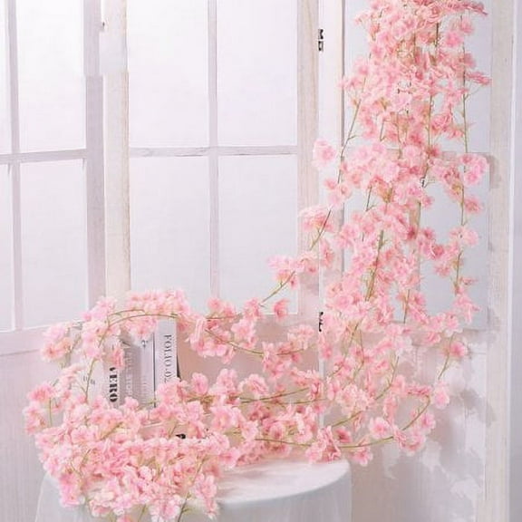 Viworld 4 Pcs Artificial Cherry Blossom Flowers Vines Hanging Silk Flower Garland for Wedding Party Home Japanese Cute Room Decor Pink