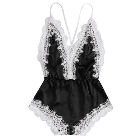 

Beppter Fashion Sissy Women Lingerie Girl V-neck Lace Splice Bodysuit Sleepwear