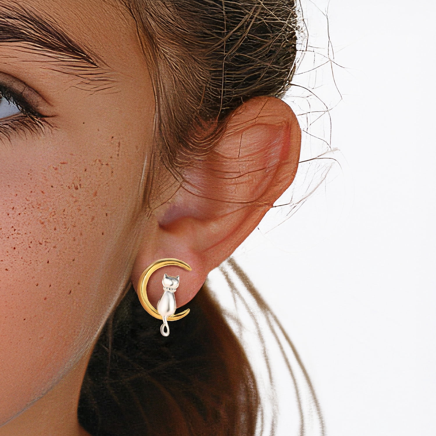 Just Being Cute Cat Moon Earrings for Women, Pure Sterling Silver Stud Earrings Birthday Graduation Mothers Day Jewelry Gifts for Mom/Her/Wife