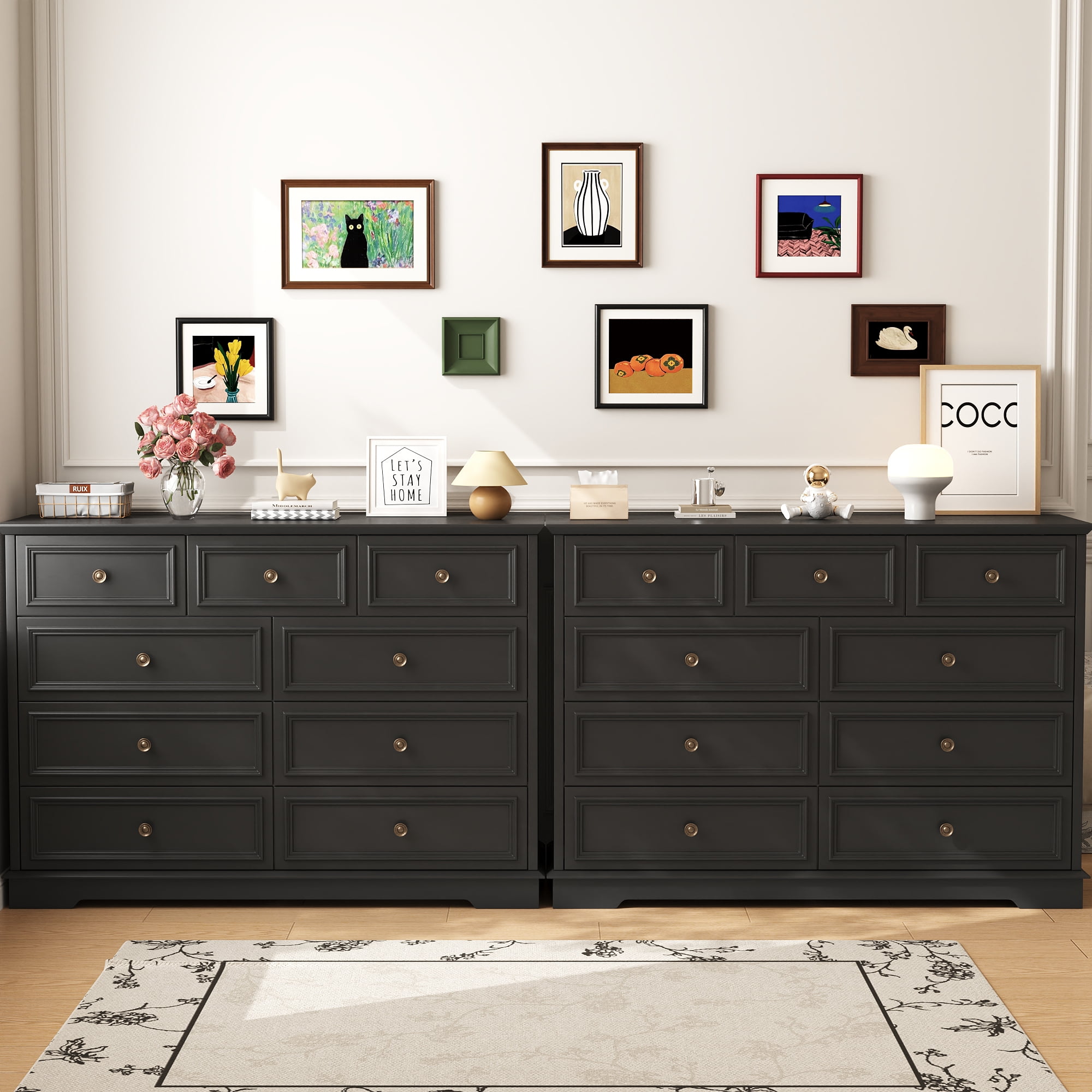 9 Drawer Chest of Drawers, Tall Storage Dresser Organizer, Modern Storage Cabinet Dresser Organizer Unit with Antique Bronze Round Handles for Living Room, Black