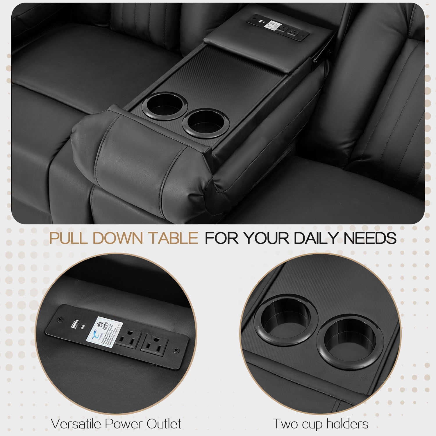 AECOJOY Loveseat Recliners with Console&Bluetooth Speakers, Recliner Chair Reclining Sofa with USB Ports&4 Cup Holders, 2 Side Pockets Wall Hugger Recliner Home Theater Seating, Fuax Leather, Black
