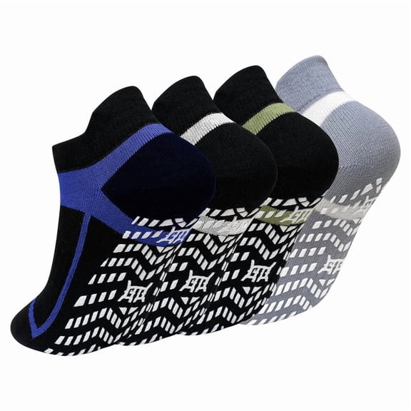 Non Slip Grip Socks for Men, PUTUO Cotton Pilates Hospital Fitness Sports Socks for Men with Grips, 4 Pairs, Size 11-13