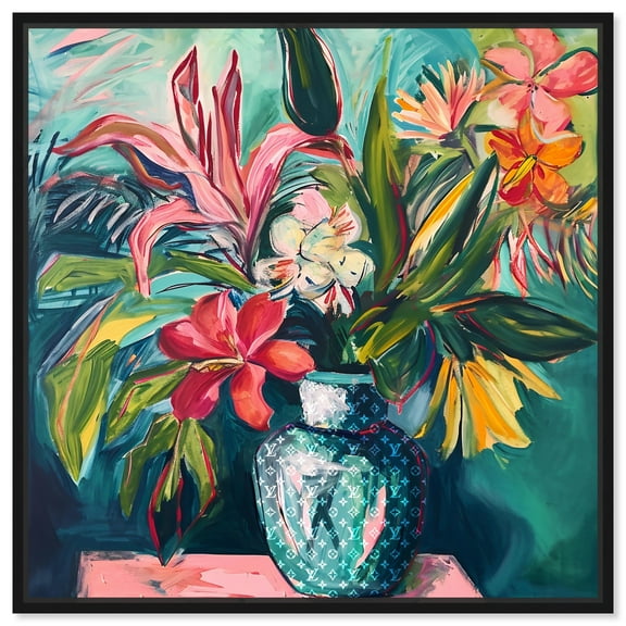 Vase Of Tropical Flowers In Vase Paintings Canvas Wall Art by Art Remedy, Black Floater Frame, 13" x 13"