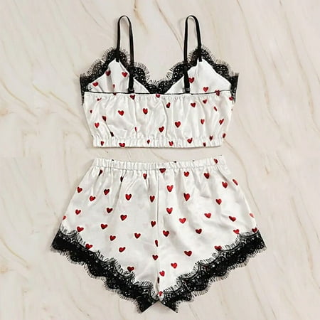 

B91xZ Lingerie For Women Sweet Printed Pajamas 2PCS + Ladies Sexy Pajamas Shorts Satin Camisole Lace up Bodysuit Romper White 3XL
