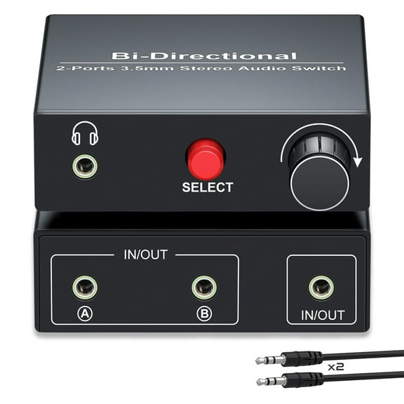 3.5mm Audio Switcher, Aux Switch Box 2 in 2 Out, with Volume Control and 3.5mm Cables
