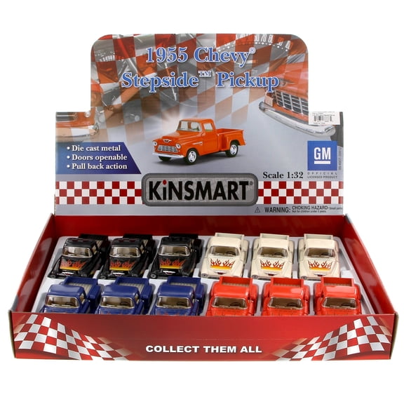 1955 Chevy Stepside Pickup with Flames Diecast Car Package - Box of 12 1/32 Scale Diecast Model Cars, Assorted Colors