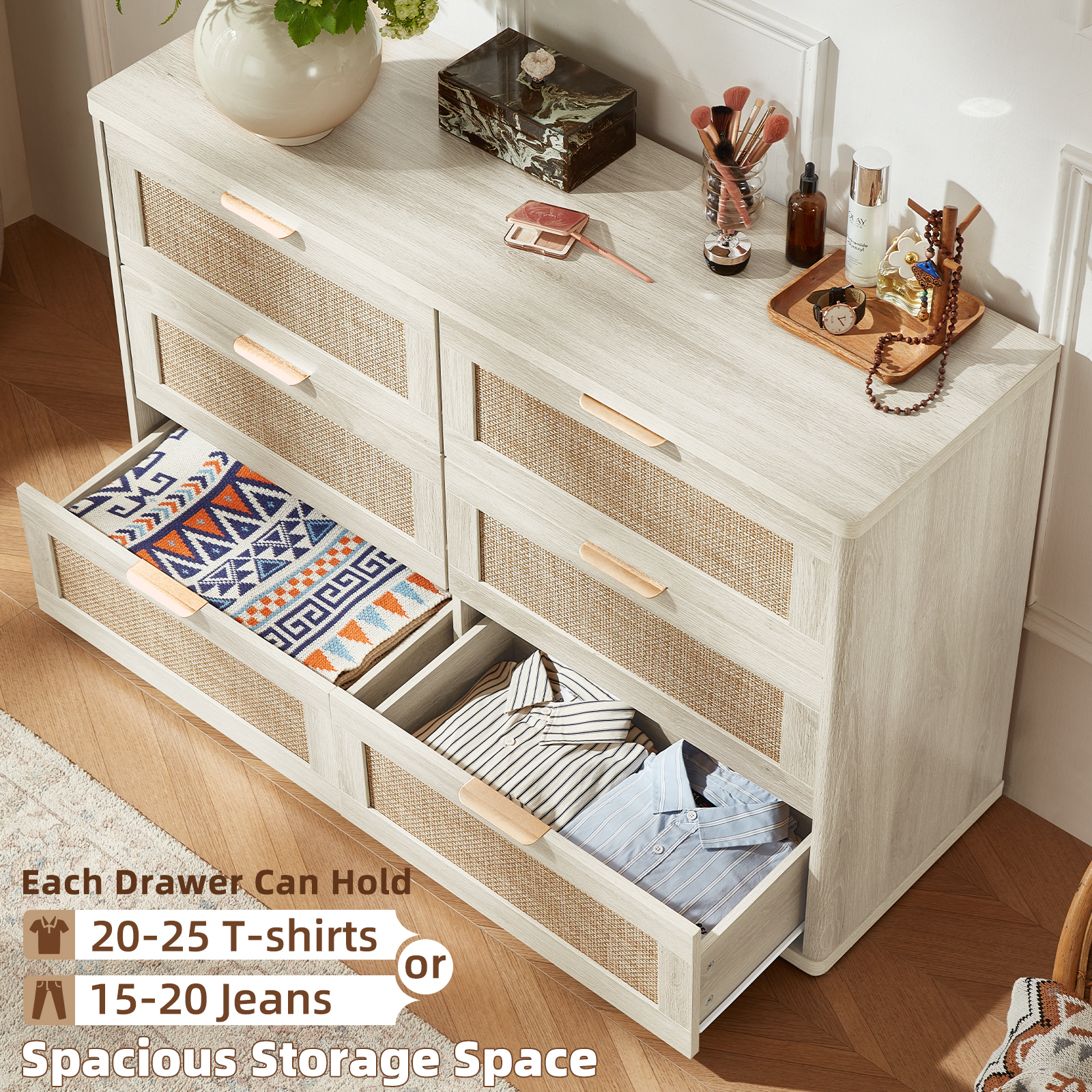LELELINKY White Dresser,6 Drawer Dresser for bedroom, Boho Wood Storage Cabinet for Living Room