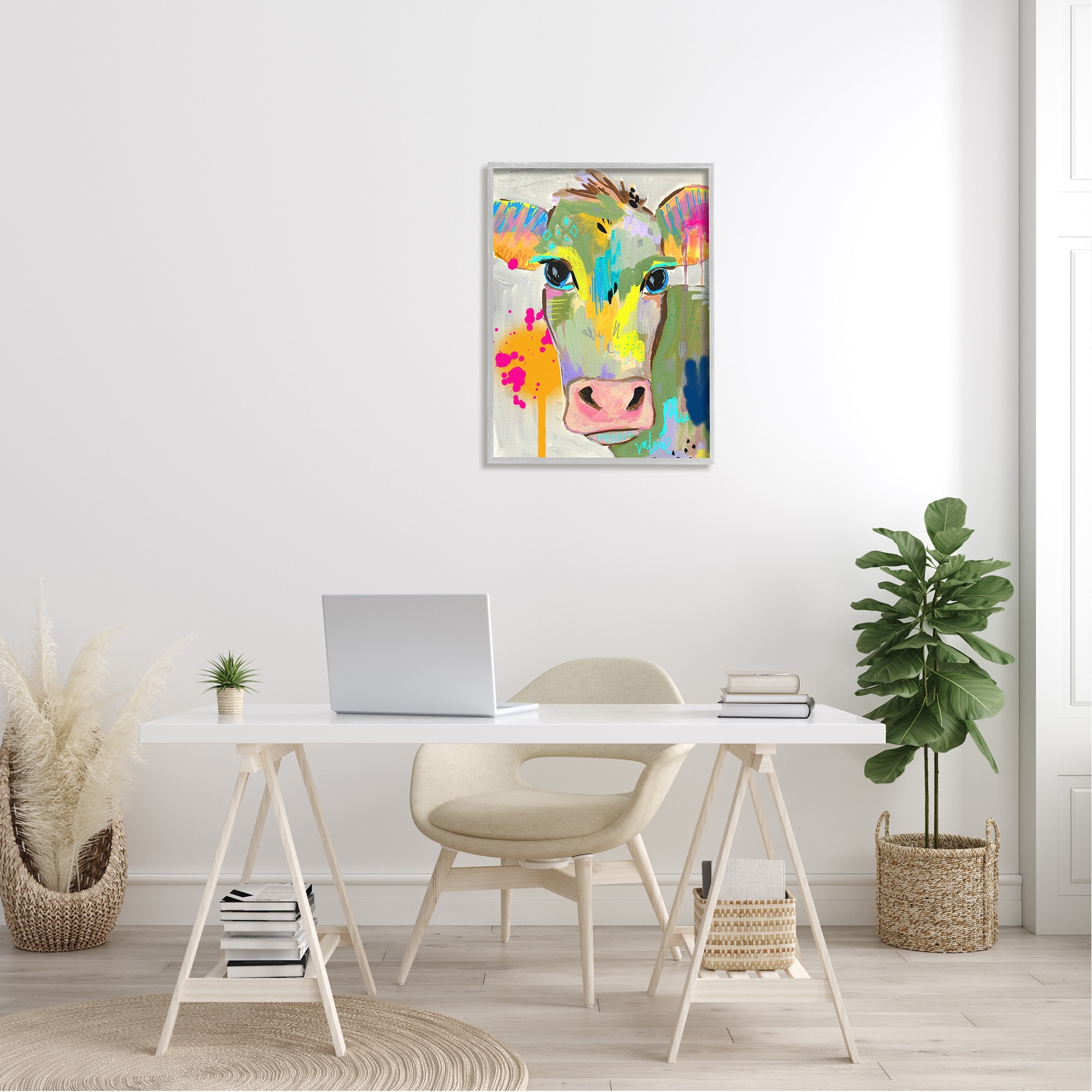 Modern Paint Splatter Cow Cattle Vivid Design Animals & Insects Painting Framed Art Print Wall Art