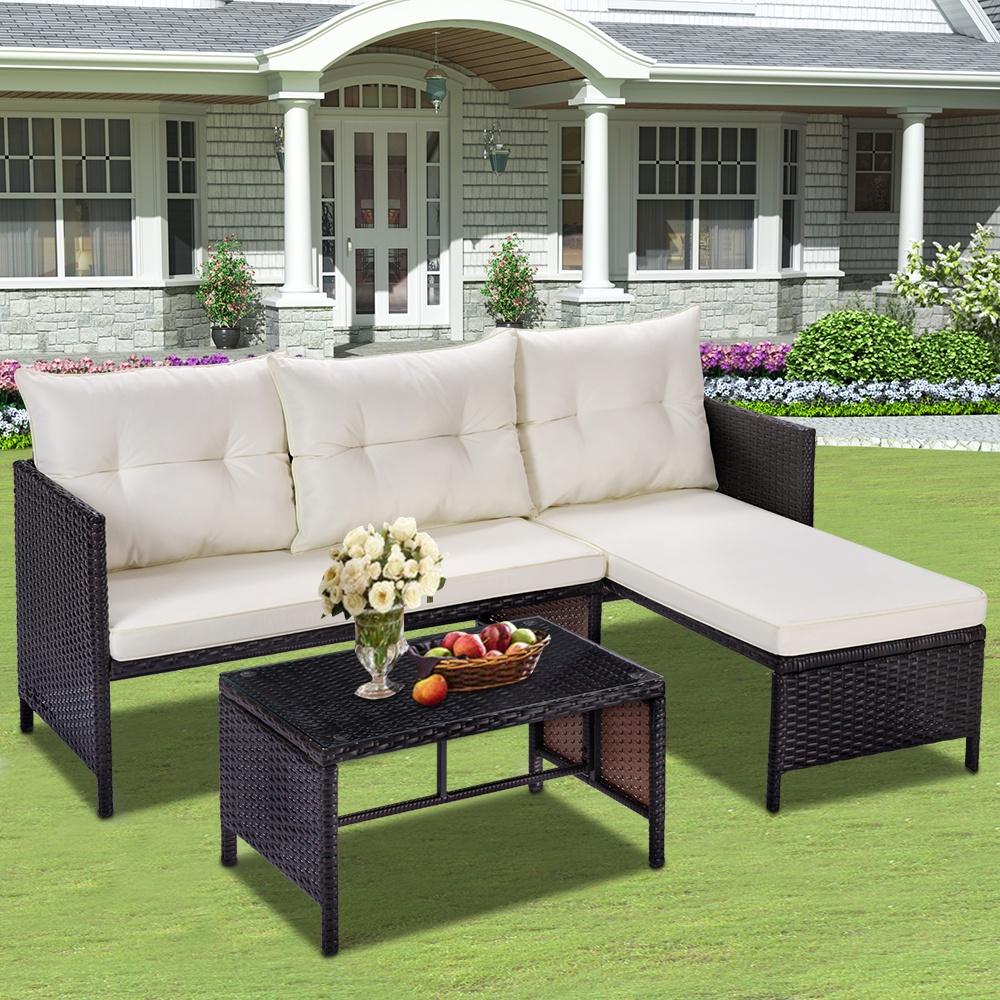 Outdoor Patio Furniture Sofa Set, 3-Piece All-Weather Wicker Conversation Set, Rattan Combination Furniture with Cushions & Coffee Table, Garden Pool Deck Sectional Sofa Lounge Set, B636 - image 3 of 10