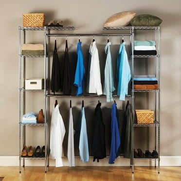 Zimtown Freestanding Closet System Storage Organizer Shelves Kit Expandable Heavy Duty Garment Rack Wardrobes Hanging Clothes Rack Metal Silver