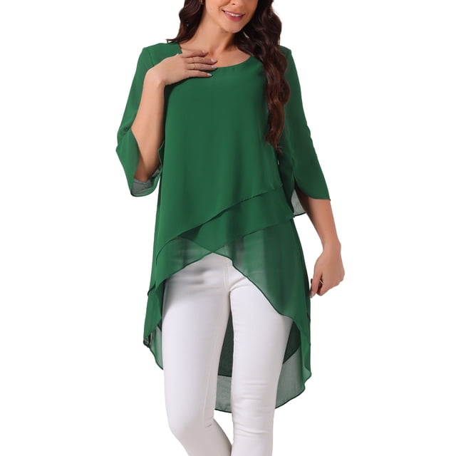 INSPIRAR CHIC Blusa de Chifón Asimétrica de Cuello Redondo con Mangas de 3/4 y Volantes en Verde Oscuro Talla S