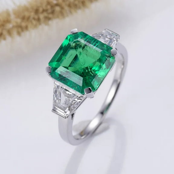 Octagon and Tapered Baguette Cut Lab-Created Emerald and Moissanite Engagement Ring in 925 Sterling Silver for Women