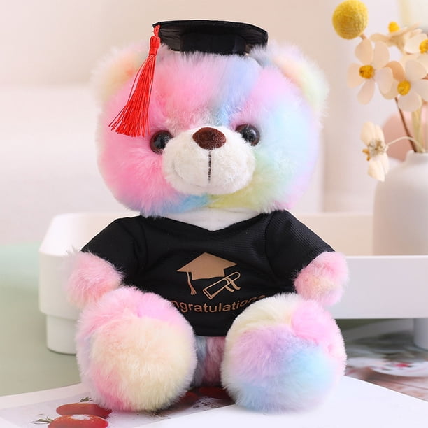 Muñeco de peluche Oso de Graduación | Teñido de colores degradados | Tela suave y corta y esponjosa | Gorra Doctoral | Regalo Conmemorativo para Adolescentes y Adultos Jóvenes | 23cm | Rosa Fuerte